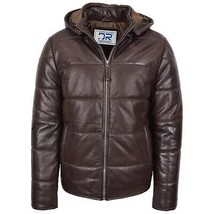 DR188 Men&#39;s Leather Hooded Puffer Jacket Brown - £147.14 GBP