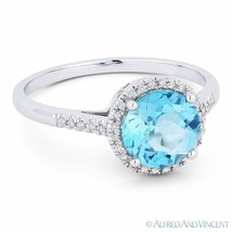 1.55ct Round Cut Blue Topaz Gemstone &amp; Diamond Halo 14k White Gold Promise Ring - £272.38 GBP