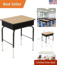 Spacious Class Desk with Metal Storage Book Box - Adjustable Height, Oak... - $187.49