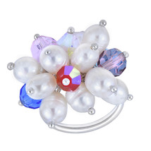 Sparkling Iridescence Pearl and Crystal Bead Cluster Sterling Silver Ring - 7 - £12.73 GBP