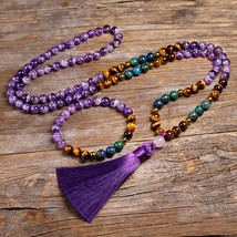 Natural Amethyst Stone Jewelry Sets Tigers Eye, 108 Beads Necklace Chrysocolla A - £28.64 GBP