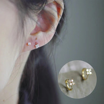 9ct Solid Gold Diamond Clover Huggie Hoops Zirconia Earrings 9K Au375, flower - £79.52 GBP