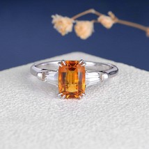 2CT Cushion Cut Yellow Citrine Three-Stone Engagement Ring 14k White Gold Finish - £123.42 GBP