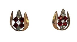 Vintage Gold tone red &amp; white rhinestone screw back clip on earrings - $14.99