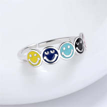 Blue Enamel &amp; Silver-Plated Smiley Open Ring - £10.18 GBP