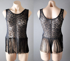 Black Womens Evening Lace Gypsy Hippie Indie Boho Fringe Tank Top Shirt ... - $20.55 CAD