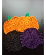  Handmade Crochet Pumpkin and Spiders Coasters Set of 4 Orange Black and... - $20.00
