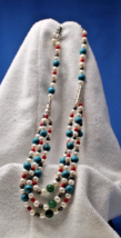 Three Strand Beaded Ornamental Necklace 18 Inches White Turquoise Pink - £3.95 GBP