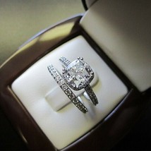 Solid 14k White Gold 2.80Ct Cushion Cut Diamond Bridal Wedding Ring Set Size 9 - £200.63 GBP
