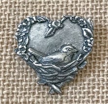 Birds And Blooms Heart Shaped Nest Pewter Brooch Pin Spring Easter Jewelry - £3.95 GBP