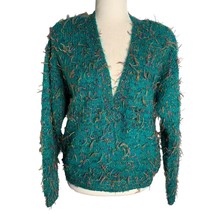 Vintage 80s Pasta Eyelash Knit Sweater M Green Mohair V Neck Shoulder Pads - $41.73