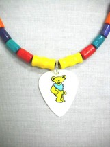 COLORFUL DANCING BEAR YELLOW &amp; BABY BLUE GUITAR PICK PENDANT WOOD BEAD N... - $11.99