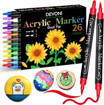 Dual Tip Acrylic Paint Pens 26 Colors Medium and Brush Tips Ideal for Rock Paint - £23.97 GBP