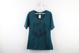 Y2K Harley Davidson Womens Large Distressed Spell Out Big Logo T-Shirt Teal - $19.75