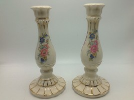 Candle Holders  Candlesticks  Italy Pottery Pair Vintage Ceramic Floral 8.5&quot;  - £19.57 GBP