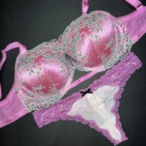 Victoria&#39;s Secret 34DDD Reggiseno Set Tanga Lilla Rosa Bacca Ricamo Dream Angels - £58.02 GBP