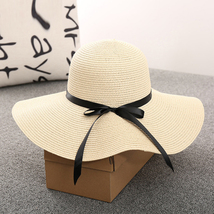 White Foldable Girls Straw Black Ribbon Bow Hat  - £18.07 GBP