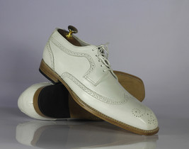 Handmade Men&#39;s White Leather Wing Tip Brogue Shoes, Men Designer Fashion Shoes - £115.87 GBP+