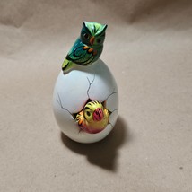 Cracked Egg Clay Pottery Bird Green Owl Parrot Hand Painted Signed Mexic... - £11.72 GBP