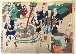 Antique Japanese Diptych Woodblock print-Samurai,Sword &amp; their BOSS,Yoshitoshi - £349.98 GBP