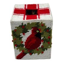Tissue Box Cover Plastic Needlepoint Yarn Red Birds Cardinal Wreath Chri... - $10.00