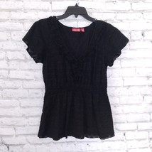 Elle Blouse Womens Medium Black Short Cap Sleeve Textured Elastic Waist Top - $19.99