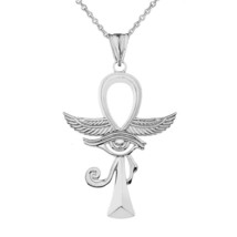 14k Solid White Gold Ankh With Eye of Horus Pendant Necklace - £230.11 GBP+