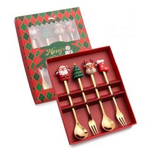 Cartoon 4pcs Set Spoon Fork Santa Claus Pattern Handle Stainless Steel T... - $261.36 MXN