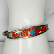 Vintage Mexico Silver Tone Abalone Shell Butterfly Inlay Hinge Bangle Bracelet - £19.37 GBP
