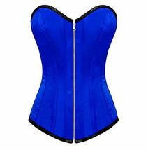 Blue Corset Zipper Satin Goth Burlesque Halloween Costume Long Overbust Bustier - £54.25 GBP