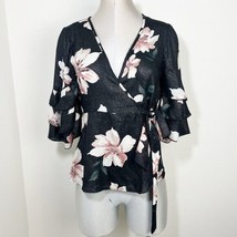 Gimmicks by BKE Metallic Wrap Blouse Floral Ruffled Bell Sleeve Top Size Small - £14.47 GBP