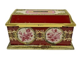 Vintage Linette Tin Metal Trinket Box Bank Red Floral Western Germany  - $18.54