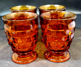 4 Vintage Indiana Whitehall Cubed Cube Amber Footed Glasses 4 1/4&quot; - £27.21 GBP