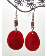 Red Tagua Nut w/Wooden Beads Dangle Boho Handmade Earrings - $11.30