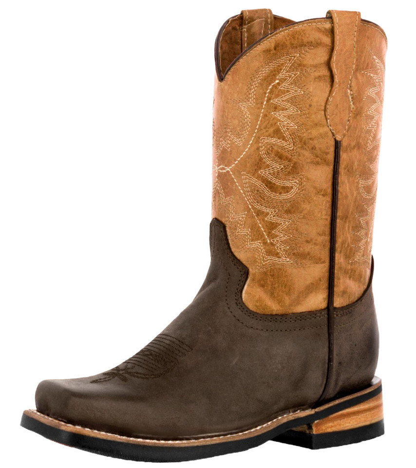 Kids Unisex Genuine Leather Cowboy Boots Two Tone Brown Square Toe Youth... - $54.44