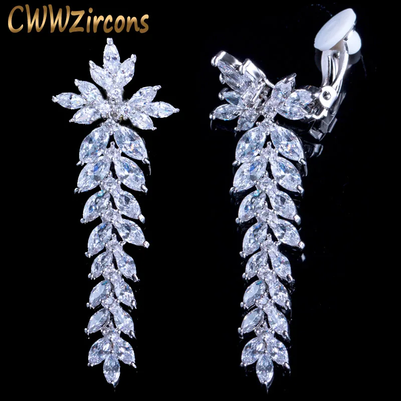 Long Leaf Drop Clip On Ear Non Pierced Earrings Cubic Zirconia Crystal Setting W - £19.49 GBP