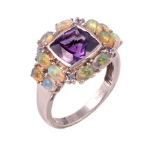 925 sterling silver Ring with Natural Amethyst stone square 10 mm and Ethiopian  - £124.10 GBP