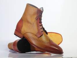 Men&#39;s Handmade Tan Brown Leather Wing Tip Brogue Boots, Men Designer Boots - $159.99+