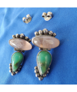 Sterling Silver 925 Rose Quartz Chrysoprase Vintage Earrings Dangle Drop... - $3,986.38 MXN