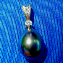 South Sea Pearl Black Tahitian Drop Pendant Natural Diamond 14k White Gold Charm - £902.01 GBP