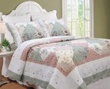 Reversible Coverlet Bedspread, Floral Real Patchwork Green Peach Scallop... - $112.97