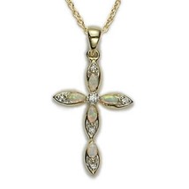 24K Gold Sterling Silver Cross Inlaid Opal Pendant Charm And 18&quot; Necklace Chain - £152.80 GBP