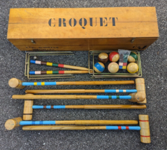 Vintage CROQUET Set &amp; Wooden Box 6 Player 39&quot; Marked Serneels, Brussels - $450.00