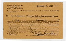 Selective Service 1942 Notice to Registrant to Appear for Physical Exami... - $27.72