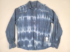 BC Collection Shirt Mens L Blue Long Sleeve Button Up Linen Cotton Skull... - $16.71