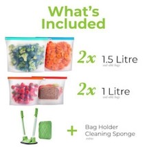 Home Hero Reusable Silicone Food Storage Bags 4 Pack Bag Holder Cleaning Sponge - £16.05 GBP