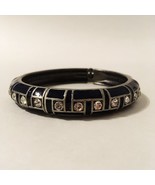 Vintage Bracelet Black Enamel Clear Rhinestone Silver Metal Hinged Bangle  - $45.00