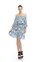 Flirty Off-Shoulder Boho Blue Feather Print Chiffon Party Dress, S, M or... - $33.99
