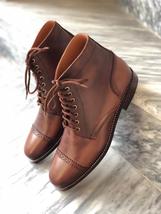 New Handmade Men’s Ankle High Leather Boots, Men’s Brown Cap Toe Lace Up... - £128.19 GBP+