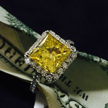 4.40 Ct Fancy Yellow Princess Enhanced Diamond Halo Engagement Ring 18k W Gold - £9,959.70 GBP